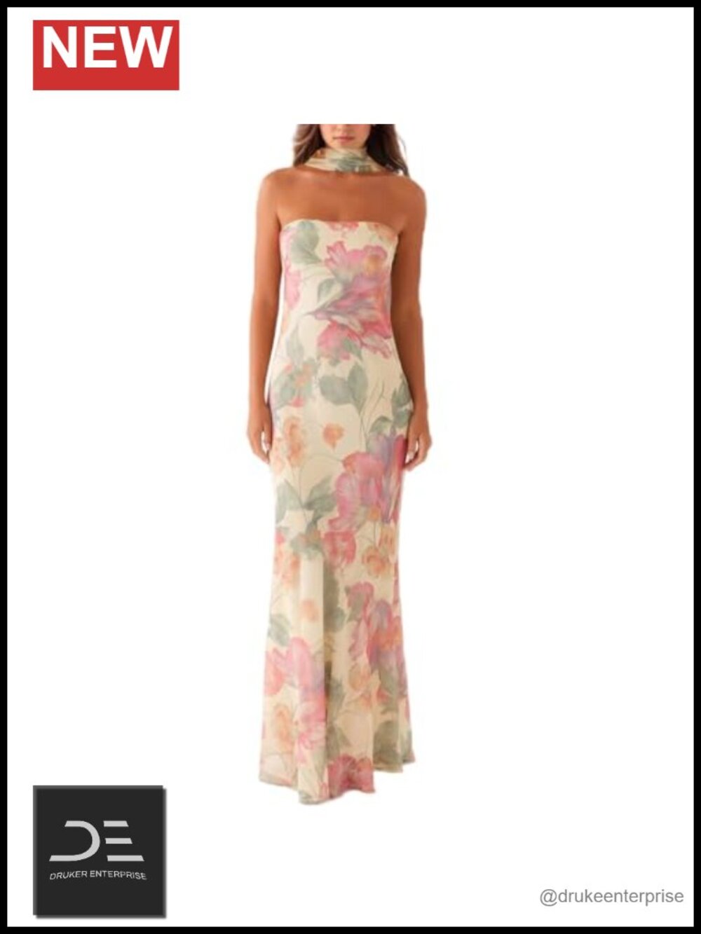 Floral Strapless Maxi Bodycon Dress with Scarf Mesh Party Wedding Guest